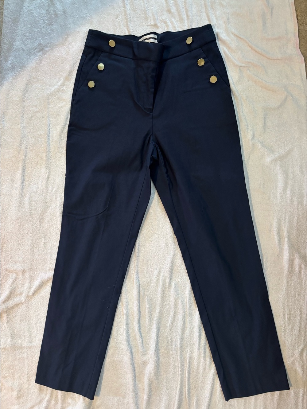 Navy Button-Front Tailored Pants with Gold Embellished buttons.